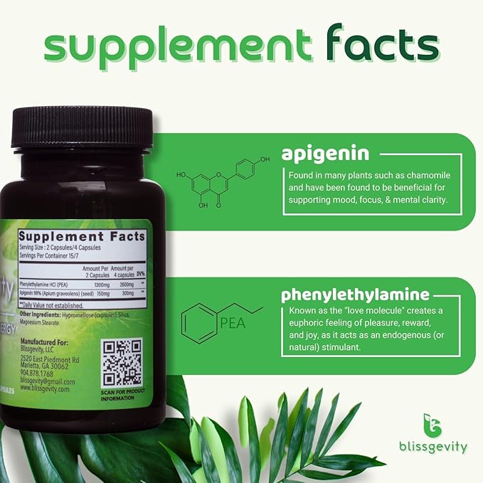 150mg Apigenin - Phenylethylamine - Mood Support Supplement - Promotes Euphoria, Focus, and Mental Clarity - Natural Stress Relief - Calm Support - Intimacy Enhancer - 60 Capsules