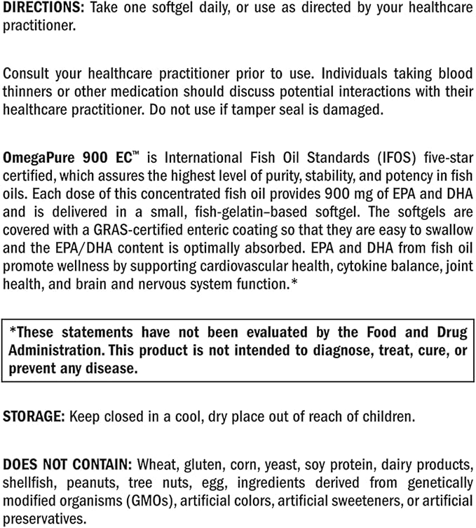 XYMOGEN OmegaPure 900 EC - Alaskan IFOS Five-Star Certified Omega 3 Fish Oil - EPA DHA Fish Oil Supplement- Supports Cardiovascular and Brain Health (90 Enteric-Coated Softgels)
