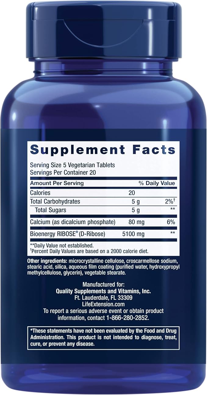 Life Extension D-Ribose Tablets, plus calcium, helps maintain healthy energy levels in heart and muscle, encourages the production of ATP, gluten-free, non-GMO, vegan, 100 vegetarian tablets