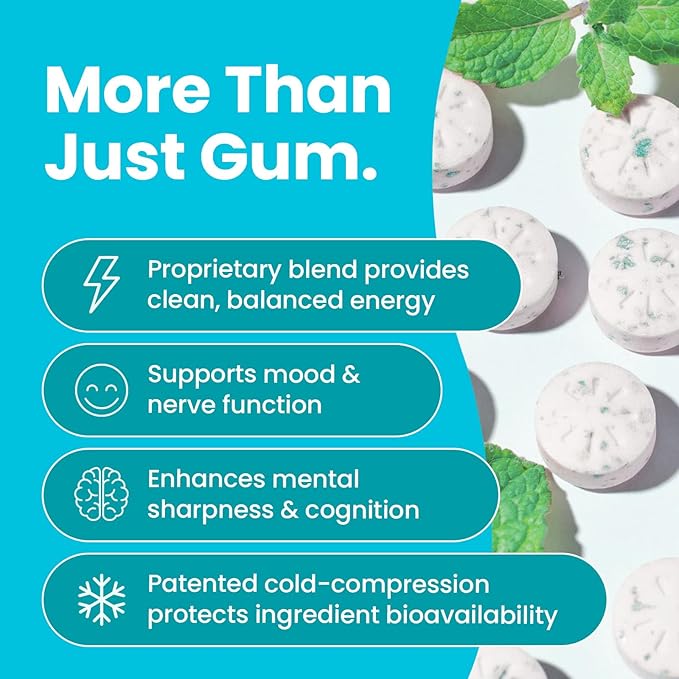 Neuro Energy & Focus Gum - 40mg Natural Caffeine Gum & Nootropic Energy Supplement with L-Theanine & B Vitamins - Sugar Free, Vegan - Wintergreen, 54ct
