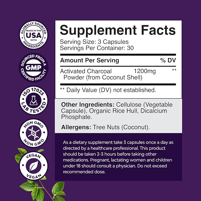 Activated Charcoal Pills Detox & Cleanse - Purifying Coconut Capsules with 1200 mg Per Serving for Bloating Relief - Active Detox Supplement for Body & Gut Health - 90 Count