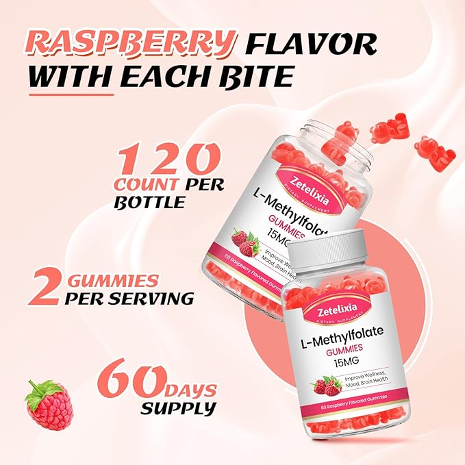2 Pack L-Methylfolate 15mg & Methyl B12 Gummies, Folate Supplement for Brain Health, Mood & Immunity, DNA Synthesis & Repair, Sugar Free, Vegan, Raspberry Flavor, 120 Count
