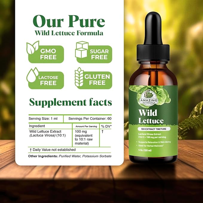 Amazing Botanicals Alcohol Free Wild Lettuce 10X Extract Tincture 30,000 mg | Bulk Size | - (4 FL Oz)