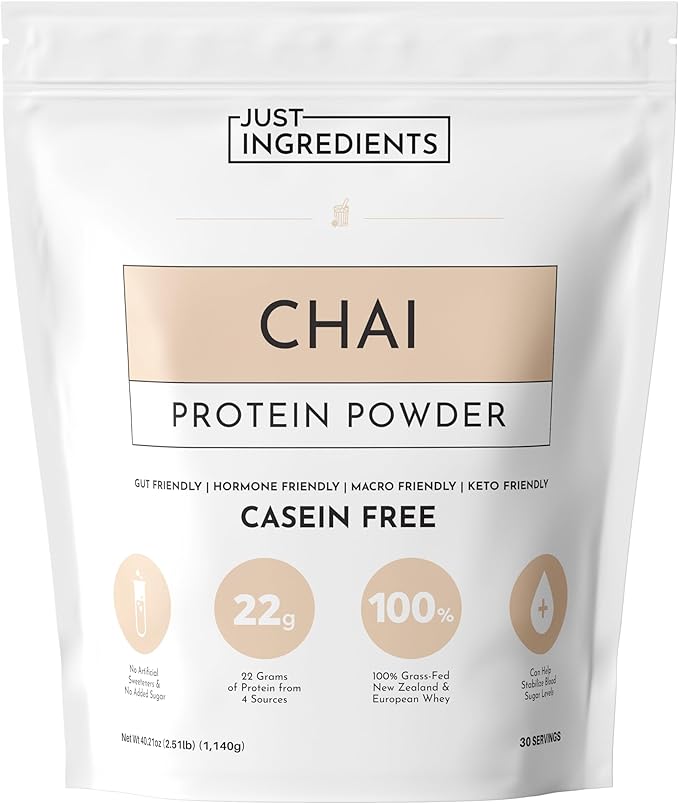JUST INGREDIENTS Chai Protein Powder – 30-Serving Blend with 100% Grass-Fed Whey & Organic Plant Proteins – Warm Spice Flavor with Cinnamon, Ginger & Cardamom – Supports Muscle Recovery, Energy*