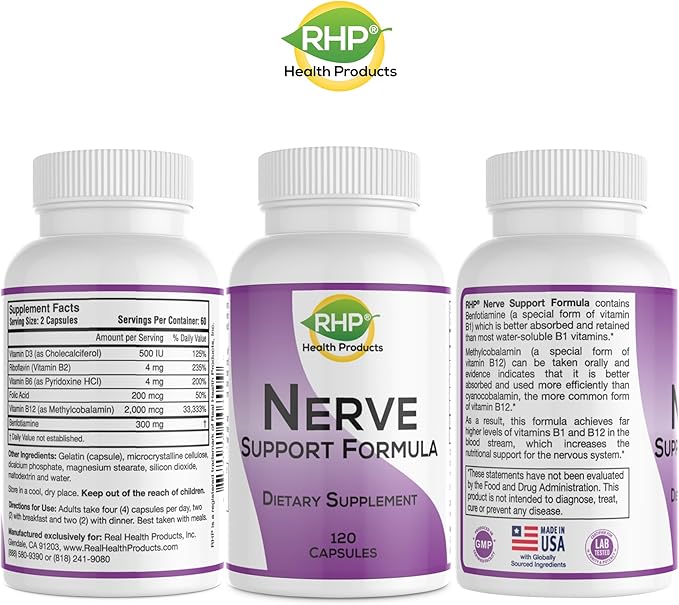 Nerve Support Formula. Nutritional Support of Neuropathy, Nerve Relief from Aches, Nerve Pain & Discomfort. B-Complex with Benfotiamine and Methyl B12. 120 Capsules