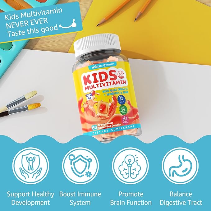 (2 Pack) Kids Multivitamin Gummies with Iron, Sugar Free, Kids Daily Vitamins + Probiotics, Algae Omega 3 (EPA/DHA), A, C, D, Methyl B12, Folate, B6, Zinc, Biotin, for Healthy Growth, Immune Support