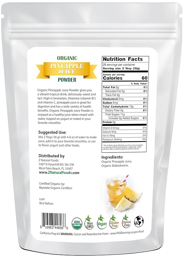 Z Natural Foods Organic Pineapple Juice Powder, Tropical Fruit Juice Superfood Powder, Mix in Smoothies, Shakes, Tea, Cooking, and Baking Recipes, Non GMO, Gluten Free, Vegan, Kosher, 1 lb