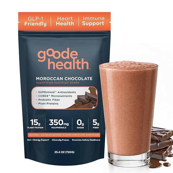 Goode Health Meal Replacement Shake, Moroccan Chocolate - 15g Plant-Based Vegan Protein Powder - High Fiber Meal Replacement Shake - Dairy Free, Gluten Free, Zero Sugar - GLP-1 Friendly