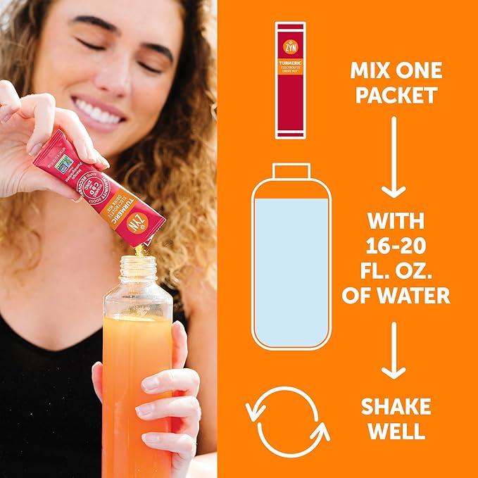 ZYN Electrolytes Powder Hydration Packets with Vitamins, Zinc & Turmeric - Low Sugar Electrolyte Drink Mix Packets with Piperine, Mango Pomegranate, 16 Pack