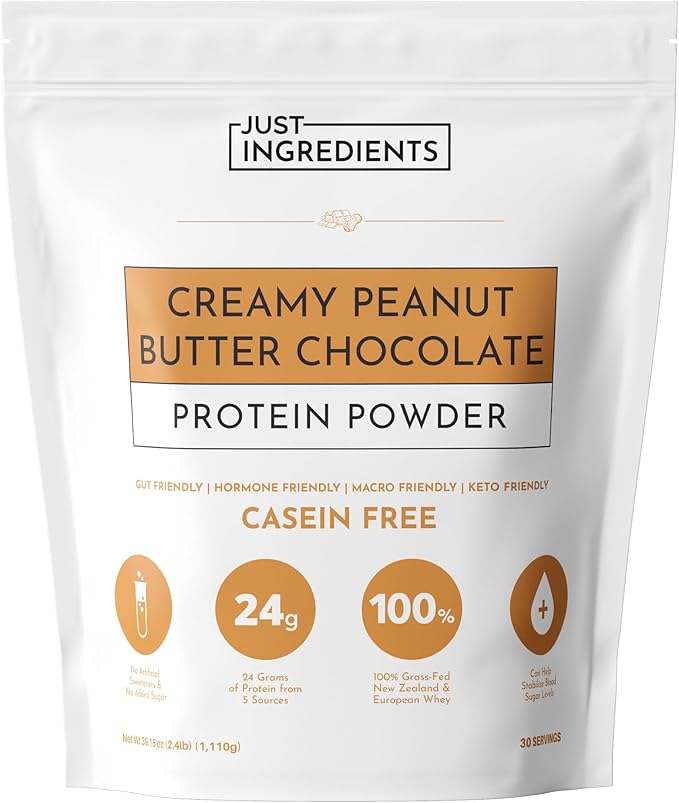 JUST INGREDIENTS Creamy Peanut Butter Chocolate Protein Powder – 30-ServingBlend with Grass-Fed Whey, Pea, Pumpkin Seed, Chia & Collagen – No Sugar Added – No Gums 24g Protein