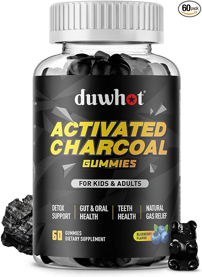 Activated Charcoal Gummies for Kids, 500mg Chewable Activated Charcoal Supplement for Gas Relief, Detox, Digestive and Oral Health, Vegan Blueberry Flavor, 60 Count