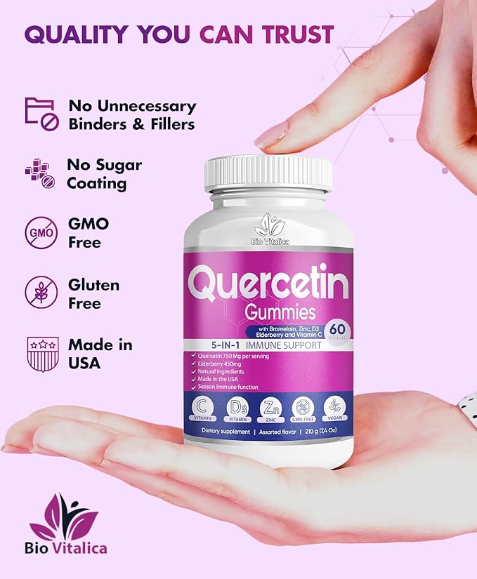 (2 Pack) Quercetin Gummies by BioVitalica - Quercetin with Bromelain Vitamin C and Zinc & Elderberry + Vitamin D3-5 in 1 Immune Support - Zinc Quercetin 750 mg for Kids and Adults