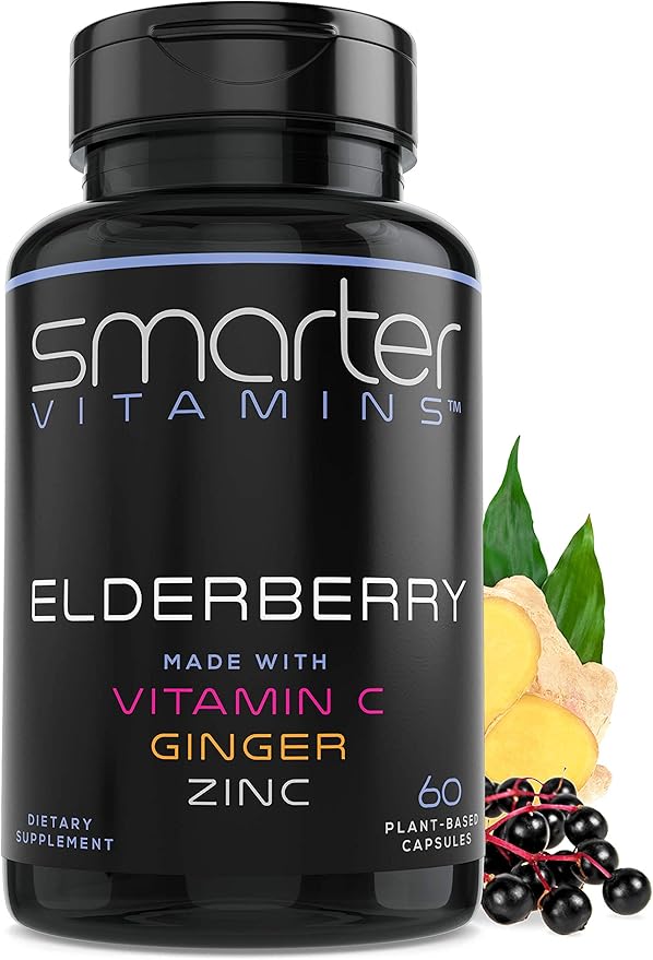 Smarter Elderberry Capsules + Vitamin C + Ginger & Zinc, Herbal Supplement, Powerful Black Elder Berry Extract Antioxidant Vitamin, 60 Vegan Pills