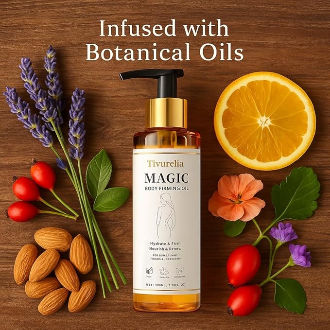 Magic Body Firming Oil – 50,000ppm Sweet Almond Oil + Rosehip & Evening Primrose Oils with Vitamin E & Essential Oils, Deep Hydration, Firming & Radiance, Lightweight Non-Greasy, 3.38 fl oz