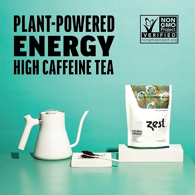 Zest 150mg High Caffeine Energy Loose Leaf Blend - Earl Grey Black Tea - 4 Oz - Hot or Iced - All Natural Strong Flavored Healthy Coffee Alternative Highly Caffeinated Substitute - Perfect for Keto