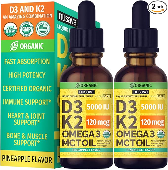 (2 Pack) Organic Vitamin D3 K2 Drops with MCT Oil Omega 3, Maximum Strength Vitamin D Liquid 5000 IU, No Fillers, Non-GMO Liquid D3 for Faster Absorption and Immune Support (Pineapple, 2 Fl Oz)