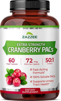 Zazzee Cranberry PACs, 72 mg PACs per Capsule, 2X Strength, 100% Soluble, 60 Vegan Capsules, 50:1 Extract, 18,200 mg Strength, Fast-Acting, Effective Urinary Tract Support, Made in The USA