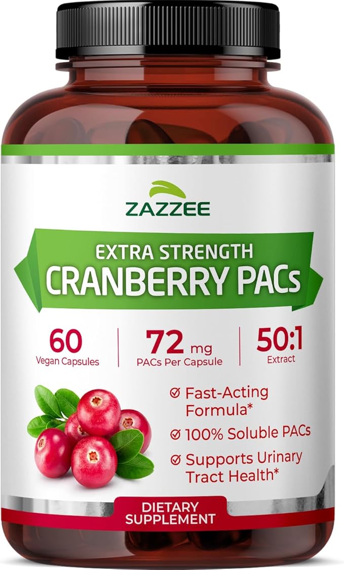 Zazzee Cranberry PACs, 72 mg PACs per Capsule, 2X Strength, 100% Soluble, 60 Vegan Capsules, 50:1 Extract, 18,200 mg Strength, Fast-Acting, Effective Urinary Tract Support, Made in The USA