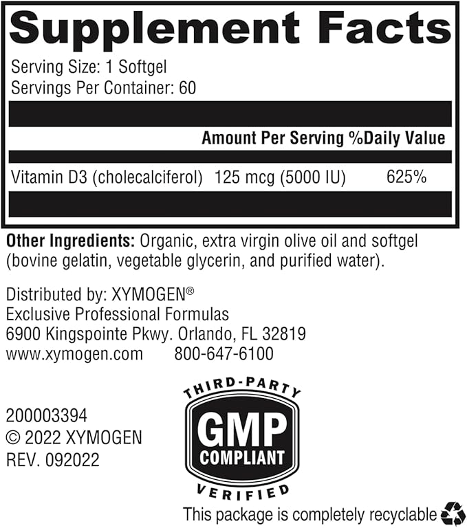 XYMOGEN D3 5000 - Bioavailable Vitamin D3 5000 IU (125 mcg) - High Potency Vitamin D Supplement to Support Immune Health, Bone + Heart Health (60 Softgels)