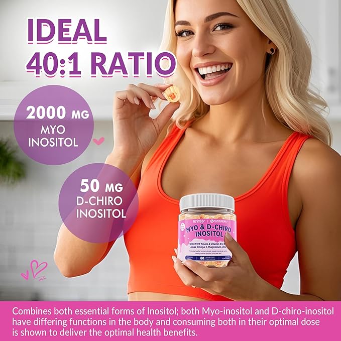 2 Pack Myo-Inositol & D-Chiro Inositol, Hormone Balance for Women | Sugar Free Inositol Gummies w/Omega 3, MTHF Folate, Vitamin D3, B12, Magnesium & Zinc for Ovarian Health, Ideal 40:1 Ratio, Vegan