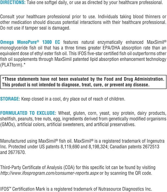 XYMOGEN Omega MonoPure 1300 EC - Fish Oil with 3X Greater Absorption - DHA EPA Omega-3 Supplement for Cardiovascular + Cognitive Support (120 Softgels)