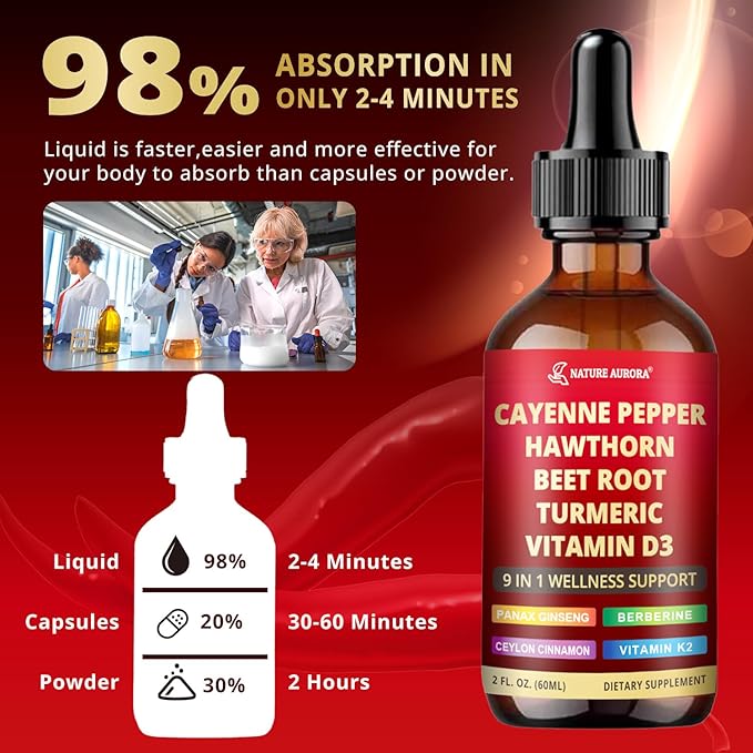 9 in1 Cayenne Pepper Liquid Drops - Cayenne Pepper Extract Drops Supplement Liquid + Hawthorn Berry, Beetroot, Turmeric, Vitamin K2 & D3 - Digestion, Immune and Circulation Support - 2 Fl Oz