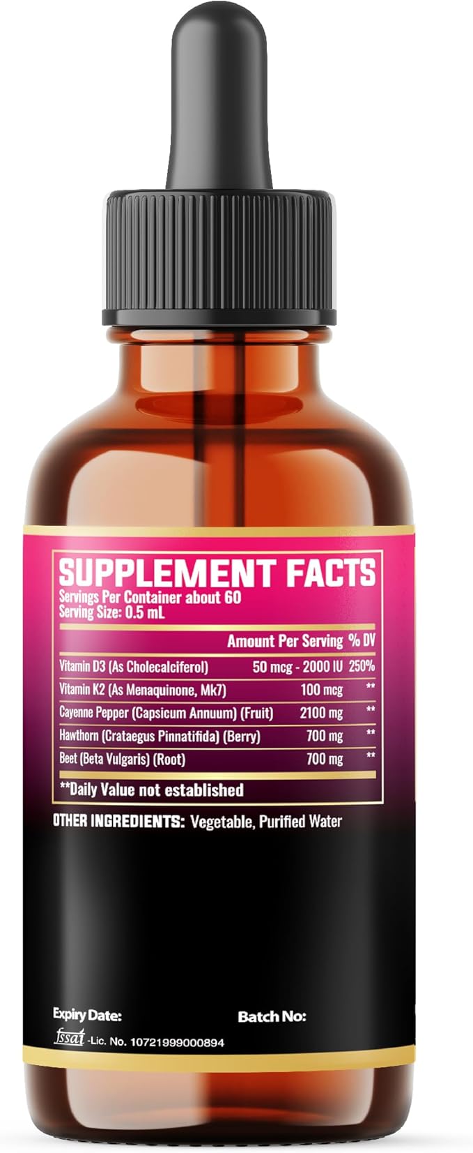 5in1 Cayenne Pepper Liquid Drops with Vitamin D3, Vitamin K2, Hawthorn Berry and Beet Root - Digestion Support - 1 FL Oz - 60 Days Supply