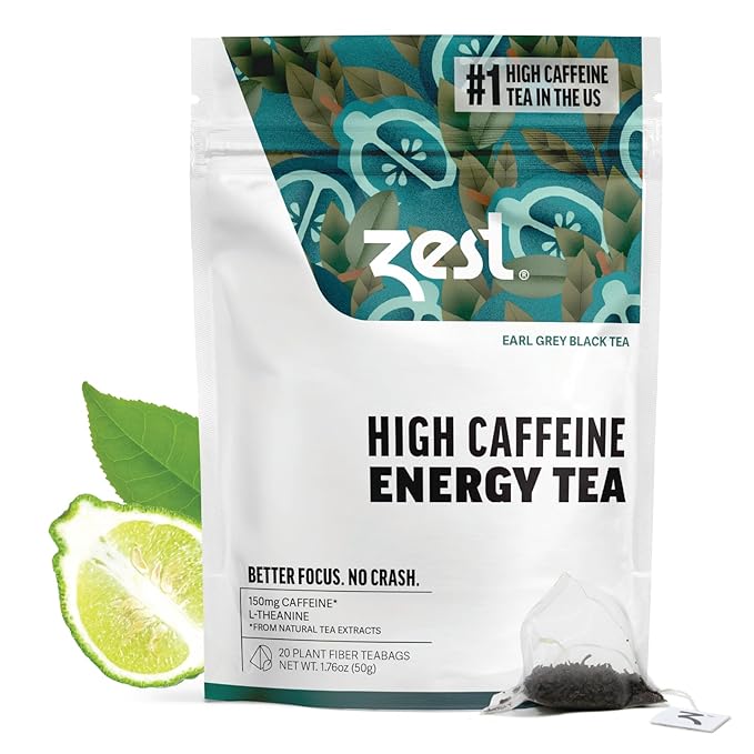 Zest Energy Green Tea - Pomegranate Mojito - High Caffeine Peppermint Tea Bags - Caffeinated Coffee Altnernative/Substitute - Natural, Non-GMO & Keto Friendly - Hot or Iced - 20Ct Pack - 135mg Caf