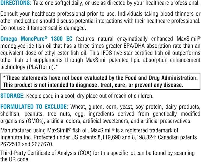 XYMOGEN Omega MonoPure 1300 EC - Fish Oil with 3X Greater Absorption - DHA EPA Omega 3 Supplement for Heart Health + Cognitive Support (60 Softgels)