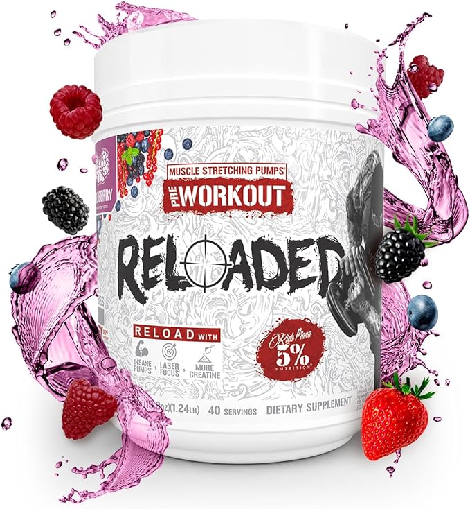 5% Nutrition Reloaded High Stim Pre-Workout | Ultra Energy, Focus, Pumps, Power & Endurance | Citrulline, HydroPrime Glycerol, Nitrosigine, Creatine, Choline, Huperzine A (Wildberry)