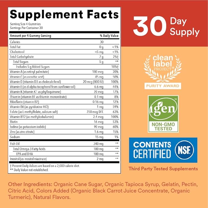 SmartyPants Kids Multivitamin Gummies: Omega 3 Fish Oil (EPA/DHA), Vitamin D3, C, Vitamin B12, B6, A, K & Zinc for Immune Support, Biotin, Gluten Free, Three Fruit Flavors, 120 Count (30 Day Supply)