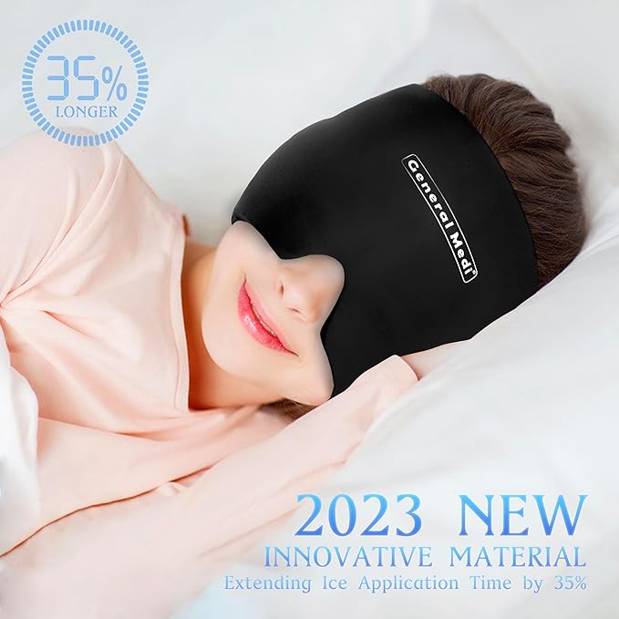 General Medi Headache & Migraine Ice Wrap Cap, Cold Therapy Migraine Relief Hat, Headache Ice Hat Cold Compress, Great for Puffy Eyes, Tension, Sinus & Stress Relief (Black)