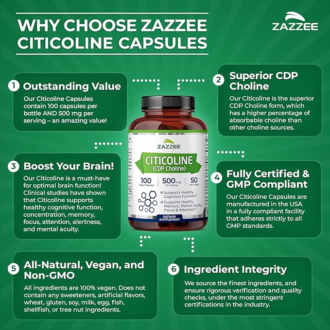Zazzee Extra Strength Citicoline, 500 mg per Serving, 100 Vegan Capsules, Superior CDP Choline Form, 100% Vegetarian and Pharmaceutical Grade, 50-Day Supply, All-Natural and Non-GMO