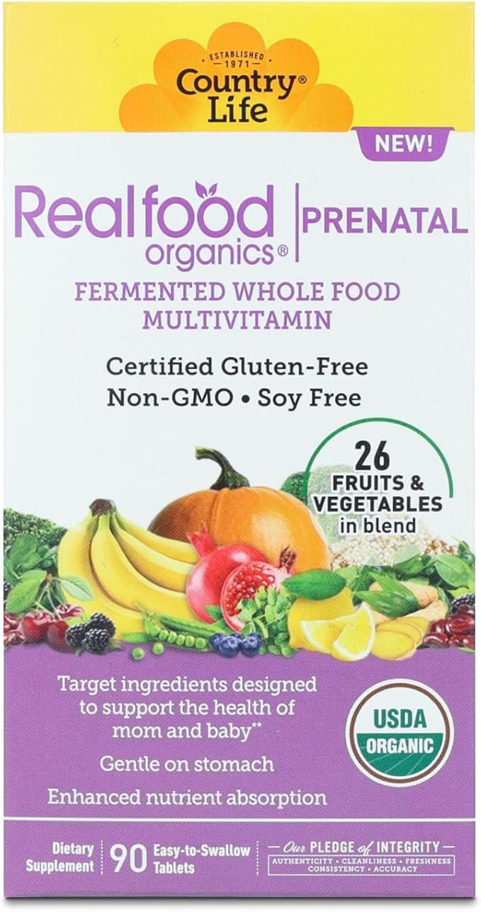 Realfood Organics Prenatal Multi - Before, During, & Post Pregnancy - Folate, D3 & Iron to Support Healthy Fetal Growth and Development*, Gentle on Stomach, Gluten-Free, Soy Free, 90 Tablets
