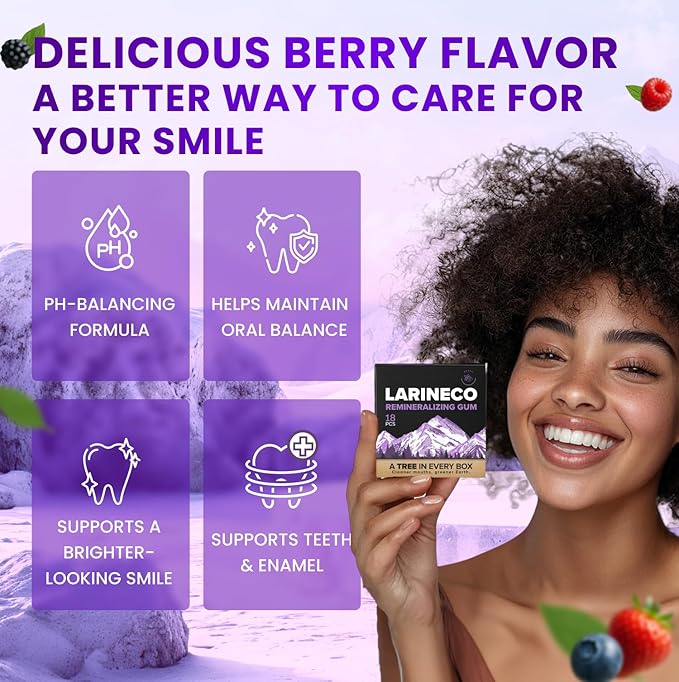 Larineco Remineralizing Gum with Nano Hydroxyapatite & Xylitol – Sugar-Free Cinnamon Xylitol Gum – Plastic-Free, Dye-Free, Aspartame-Free – Natural Base – 18 Pieces (18 Count (Pack of 2), Berry)