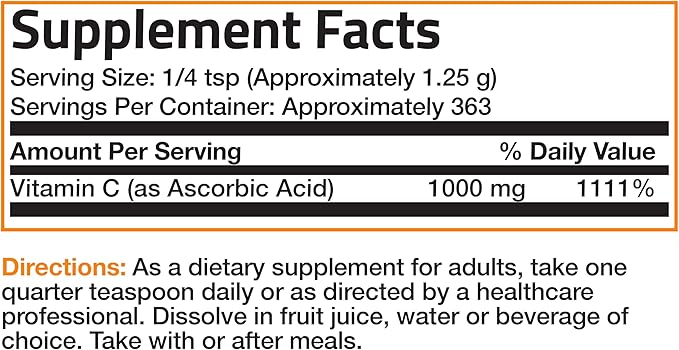 Bronson Vitamin C Powder Pure Ascorbic Acid Soluble Fine Non GMO Crystals – Promotes Healthy Immune System and Cell Protection – Powerful Antioxidant - 1 Pound (16 Ounces)