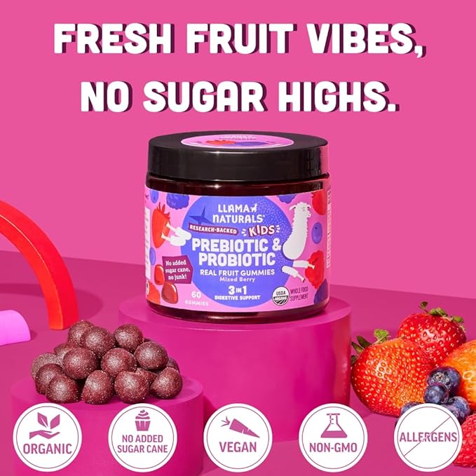 Llama Naturals Kids Probiotic with Prebiotic Fiber, Vegan, Organic Prebiotics and Probiotics Gummies for Gut Health Support, Toddler Real Fruit Gummy Vitamins, No Added Sugar Cane, Mixed Berry, 60 Ct
