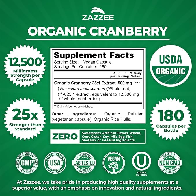 Zazzee USDA Organic Cranberry 25:1 Extract, 500 mg per Capsule, 180 Vegan Capsules, 6 Month Supply, Standardized, Concentrated 25X Extract, 100% Vegetarian, Certified Organic, Non-GMO All-Natural