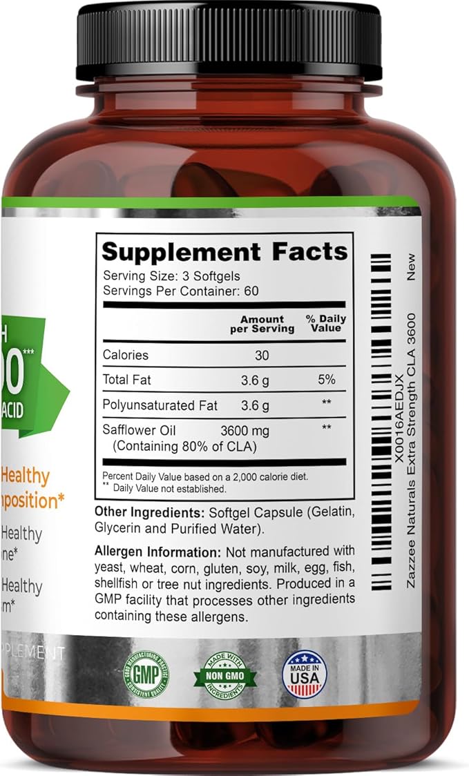 Zazzee High Potency CLA 3600, 180 Softgels, 3600 mg per Serving, Conjugated Linoleic Acid from Safflower Oil, Concentrated and Standardized, 60 Day Supply, Non-GMO and Made in The USA