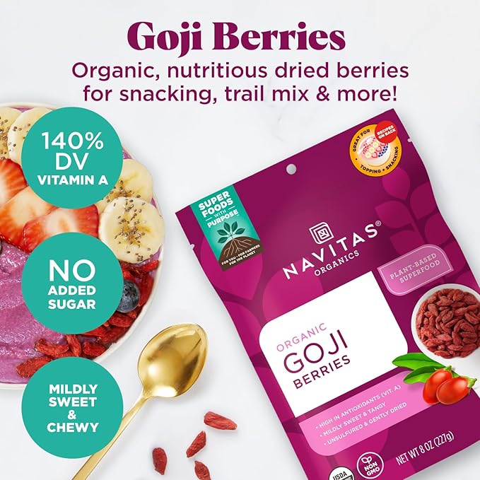Navitas Organics Goji Berries – For Smoothies, Trail Mix, Baked Goods, Oatmeal & More – Vitamin A, Antioxidants, Fiber – Wolfberry - USDA Organic, Non GMO, Gluten Free, Vegan (16oz. Bag, 15 Servings)