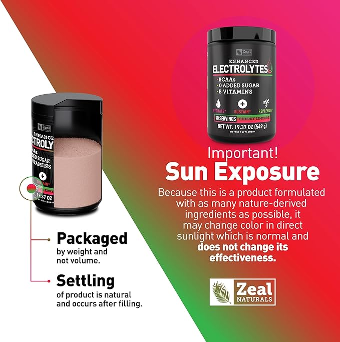 Zeal Electrolyte Powder - 90 Servings | Keto Electrolytes Powder | Zero Sugar, BCAAs, B-Vitamins | Potassium, Zinc, Magnesium | Hydration Powder Recovery Drink | Cherry Limeade