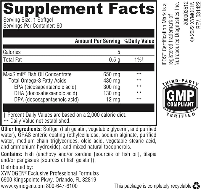 XYMOGEN Omega MonoPure 650 EC - Omega-3 Fish Oil Supplements for Women & Men - with EPA, DHA & DPA - Smaller Softgels with 3X Greater Absorption - Support a Healthy Heart & Cognition (60 Softgels)