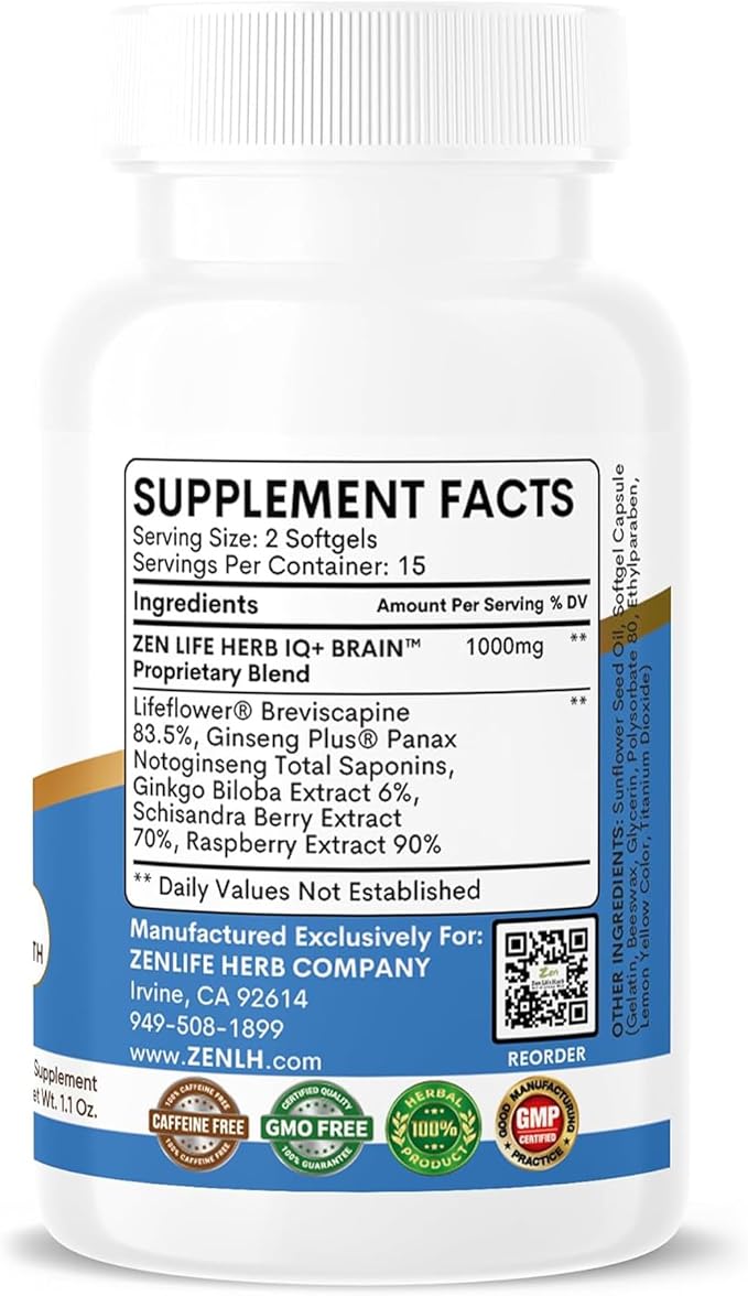 ZEN LIFE HERB IQ+ Brain - Caffeine-Free, Clinically Tested Focus, Concentration, Memory & Energy, Natural Plant-Based Herbal Supplement, No Added Vitamins/Minerals/Mushroom/Sugar (30 Softgels)