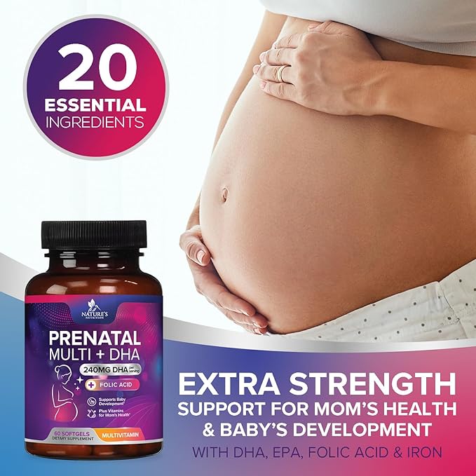 Prenatal Vitamins for Women with Folic Acid + Omega 3 DHA for Fetal Brain Development, Best Prenatal Vitamin Supplement, Daily Pregnancy Multivitamin Nutritional Support, Non-GMO - 60 Softgels