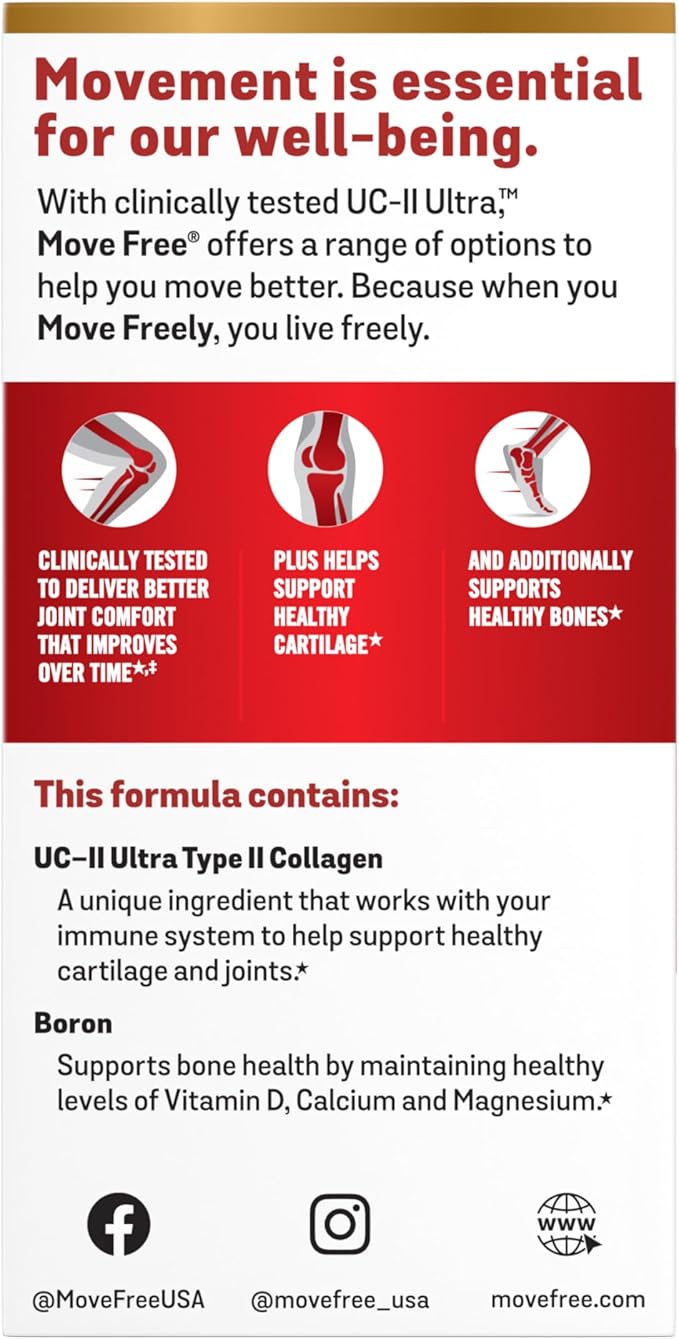 Move Free Ultra Triple Action Joint Support Supplement - Type II Collagen Boron & Hyaluronic Acid - Supports Joint Comfort, Cartiliage & Bones in 1 Tiny Pill Per Day, 30 Tablets (30 Servings)*