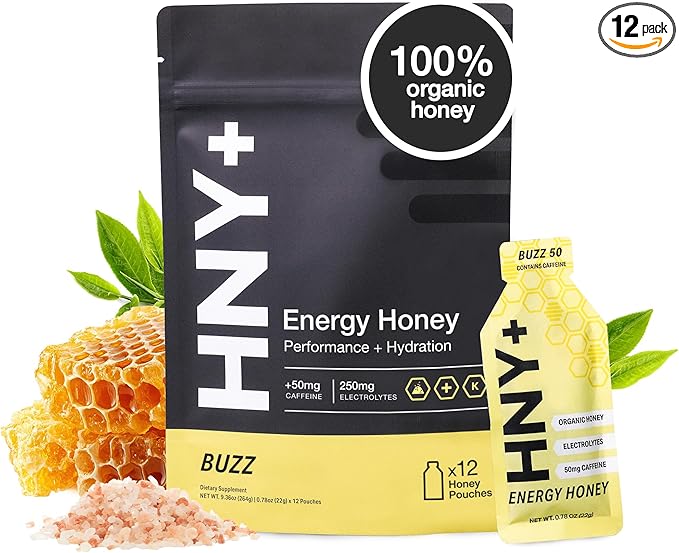 HNY+ Buzz Organic Honey Energy Gel with Electrolytes, Magnesium, Sea Salt, Potassium & Green Tea Caffeine, Gluten Free & Vegan, Workout Gels, for Gym, Running & Hiking, 50mg Caffeine, 12 Pack