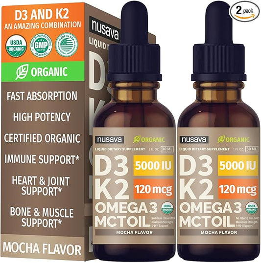 (2 Pack) Organic Vitamin D3 K2 Drops with MCT Oil Omega 3, 5000 IU, Maximum Strength Vitamin D Liquid, No Fillers, Non-GMO Liquid D3 for Faster Absorption and Immune Support (Mocha, 2 Fl Oz)