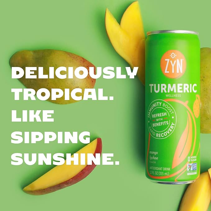ZYN Turmeric Wellness Drink (6 Pack), Mango Lychee Flavored Turmeric Curcumin Drink with Black Pepper, No Added Sugar, Low Carb & Low Calorie Drink, Clean Alternative