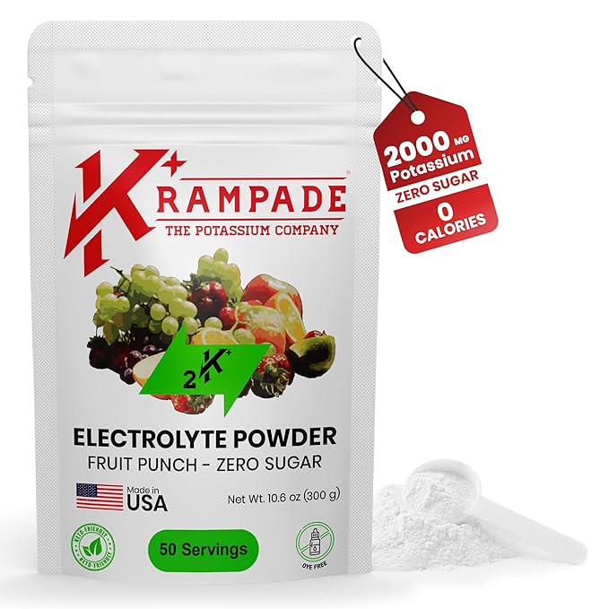 Krampade High Potassium Electrolytes Powder Zero Sugar Fruit Punch, 4180mg Electrolytes, 2000mg Potassium, Cramp Relief & Prevention, Cellular Hydration, Better Endurance & Recovery, Keto, 50 Servings