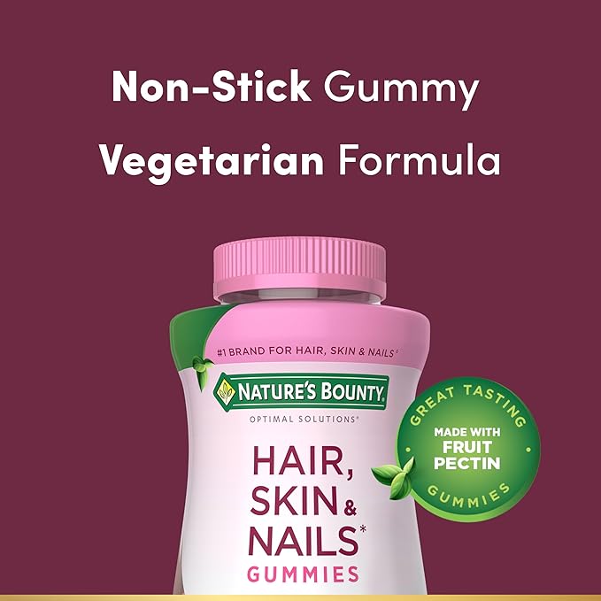 Nature's Bounty Optimal Solutions Hair, Skin and Nails Pectin Gummies, 2500 mcg Biotin Per Serving, No Stick Gummy, Vegetarian Formula, Strawberry Flavor, 200 Count, 100 Total Servings (Pack of 3)